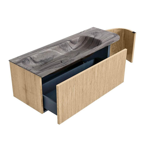MONDIAZ KURVE-DLUX 125cm meuble de salle de bains arrondi Droite couleur Oak avec 1 tiroir et 1 porte. Lavabo BIG MEDIUM Gauche 1 trou de robinet Sombra. SW1433575
