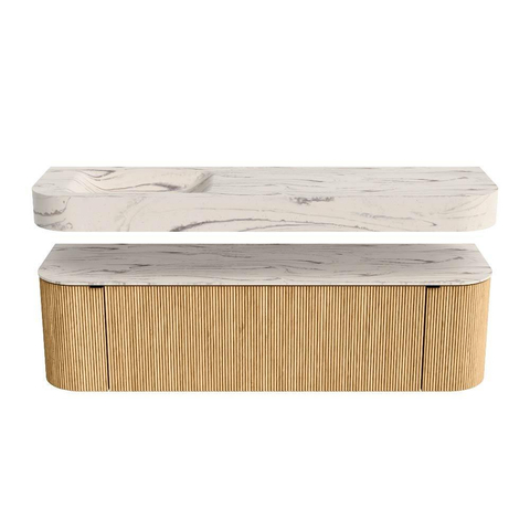 MONDIAZ THOR-DLUX 160cm meuble de salle de bains arrondi gauche + droite couleur Oak avec 1 tiroir et 2 portes. Vasque suspendue CLOUD Gauche 1 trou de robinet couleur Nata. SW1465448