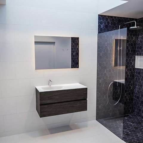 MONDIAZ VICA Ensemble de meuble salle de bain - 100cm - 2 tiroirs - lavabo Moon gauche - 1 trou de robinet - solid surface marron foncé SW409938