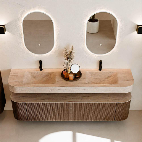 MONDIAZ THOR-DLUX 190cm meuble de salle de bains arrondi gauche + droite couleur Walnut avec 2 tiroirs et 2 portes. Vasque suspendue CLOUD Double 2 trous de robinet couleur Saba. SW1466656