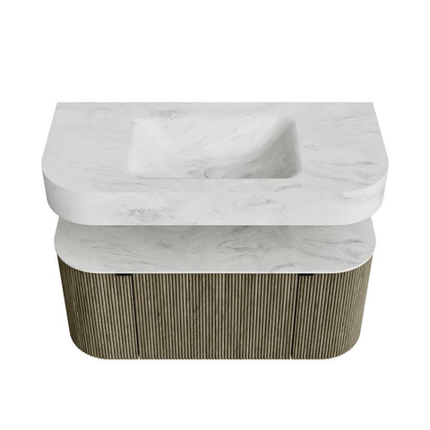 MONDIAZ THOR-DLUX Meuble de salle de bains - 100cm - arrondi gauche + droite - couleur Shadow - 1 tiroir - 2 portes - Vasque suspendue CLOUD Milieu 1 trou de robinet couleur Opalo SW1467522