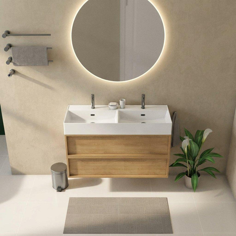Saniclass Holz Frame Badkamermeubelset - 120x45x72cm - Legend keramische wastafel wit - 2 wasbakken - 2 kraangaten - 2 lades - mat eiken natural (hout) SW1579893