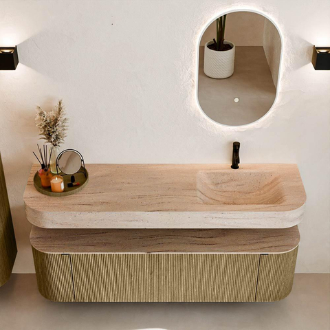 MONDIAZ THOR-DLUX 160cm meuble de salle de bains arrondi gauche + droite couleur Dusk avec 1 tiroir et 2 portes. Vasque suspendue CLOUD Droite 1 trou de robinet couleur Saba. SW1465336