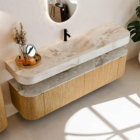 MONDIAZ THOR-DLUX 180cm meuble de salle de bains arrondi gauche + droite couleur Oak avec 2 tiroirs et 2 portes. Vasque suspendue CLOUD Milieu 1 trou de robinet couleur Frappe. SW1465885