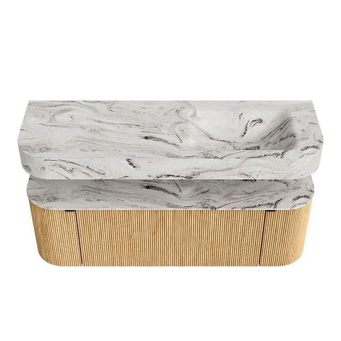 MONDIAZ THOR-DLUX 140cm badmeubel ronding links + rechts kleur Oak met 1 lade en 2 deuren. Vrijhangende wastafel CLOUD Rechts zonder kraangat kleur Glace. SW1463920