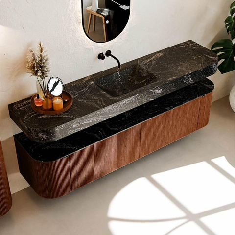 MONDIAZ THOR-DLUX Meuble de salle de bains - 190cm - arrondi gauche + droite - couleur Ruby - 2 tiroirs et 2 portes - Vasque suspendue CLOUD Milieu sans trou de robinet - couleur Lava SW1466496