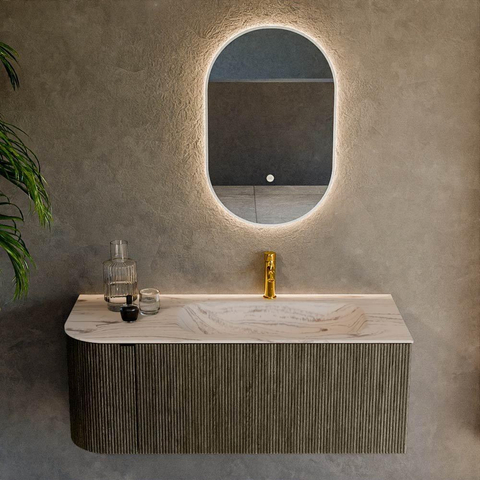 MONDIAZ KURVE-DLUX Meuble de salle de bains 115 cm arrondi à gauche couleur Shadow avec 1 tiroir et 1 porte. Lavabo BIG SMALL à droite 1 trou de robinet Nata. SW1432289