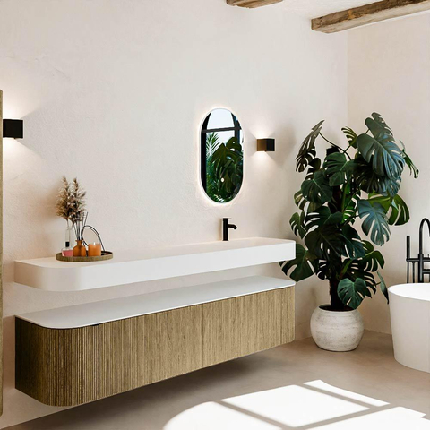 MONDIAZ THOR Meuble de salle de bains - 200cm - arrondi gauche + droite - couleur Dusk - 2 tiroirs - 2 portes - Vasque suspendue CLOUD droite 1 trou de robinet - couleur Talc SW1466836