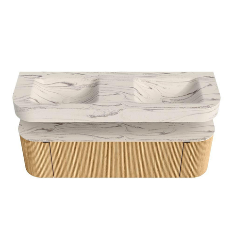 MONDIAZ THOR-DLUX 150cm meuble de salle de bains arrondi gauche + droite couleur Oak avec 1 tiroir et 2 portes. Vasque suspendue CLOUD Double sans trou de robinet couleur Nata. SW1467674