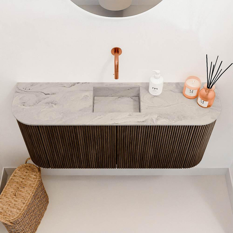 Mondiaz JOYA-DLUX 93.2cm meuble de salle de bains - arrondi gauche et droite couleur Walnut - Vasque FAYE position Milieu Sans trou de robinet couleur Glace. SW1422452