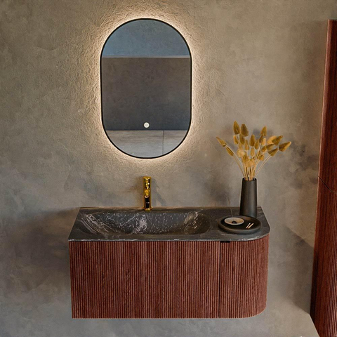 Mondiaz KURVE-DLUX Ensemble meuble de salle de bains - 95x46x40cm - 1 tiroir - 1 porte - lavabo solid surface - gauche - 1 trou de robinet - Ruby SW1416028