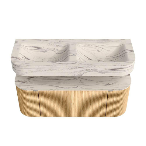MONDIAZ THOR-DLUX 120cm badmeubel ronding links + rechts kleur Oak met 1 lade en 2 deuren. Vrijhangende wastafel CLOUD Dubbel zonder kraangat kleur Nata. SW1463371