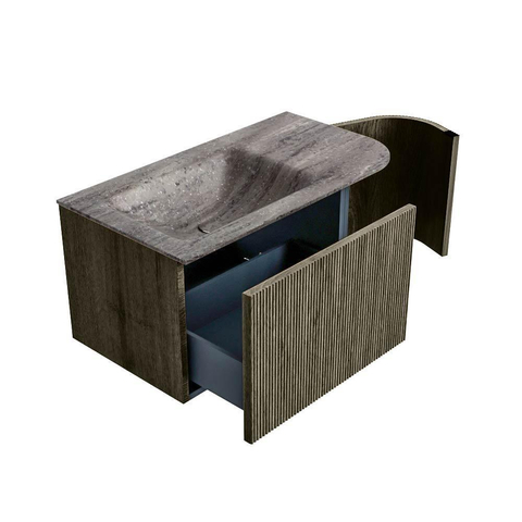MONDIAZ KURVE-DLUX Meuble de salle de bains 85cm arrondi à droite couleur Shadow avec 1 tiroir et 1 porte. Lavabo CLOUD à gauche 1 trou de robinet Oza. SW1432858