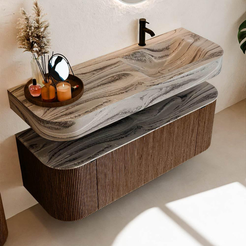 MONDIAZ THOR-DLUX 130cm meuble de salle de bains arrondi gauche + droite couleur Walnut avec 1 tiroir et 2 portes. Vasque suspendue CLOUD Droite 1 trou de robinet couleur Sombra. SW1464060
