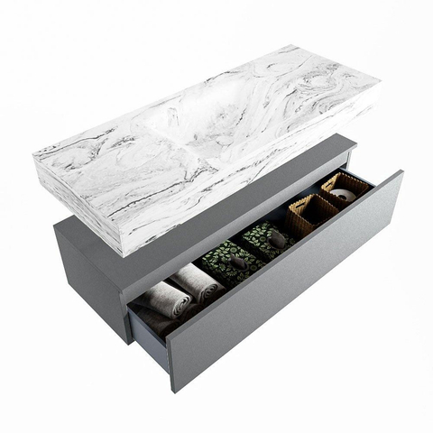 Mondiaz ALAN-DLUX Ensemble de meuble - 120cm - meuble Plata mat - 1 tiroir - Lavabo Cloud Glace suspendu - vasque Centre - 1 trou de robinet SW806126