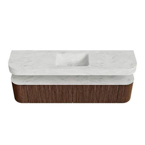 MONDIAZ THOR-DLUX 190cm badmeubel ronding links + rechts kleur Walnut met 2 lades en 2 deuren. Vrijhangende wastafel CLOUD Midden zonder kraangat kleur Opalo. SW1466541
