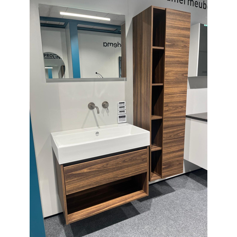 Proline Loft badkamermeubelset - 80x46x62cm - porselein Loft wastafel - 0 kraangaten - met schap - MFC Cabana oak/Glans wit Hoge kast met schap 1 deur 5 schappen en inclusief 4 glazen planchettes 45x35x169cm Cabana oak SHOWROOMMODEL SHOW24464