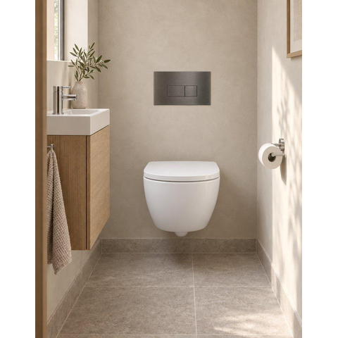 Pack WC QeramiQ Dely Swirl Compact - réservoir encastrable Geberit UP320 - avec bâti-support Burda - abattant 25 mm - plaque de commande en métal gunmetal - boutons rectangulaires - blanc mat SW1595666
