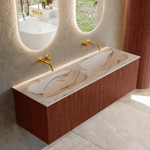 MONDIAZ KURVE-DLUX Meuble de salle de bains 140 cm couleur Ruby avec 2 tiroirs et 0 porte. Lavabo STOR SMALL Double sans trou de robinet Nata. SW1432578