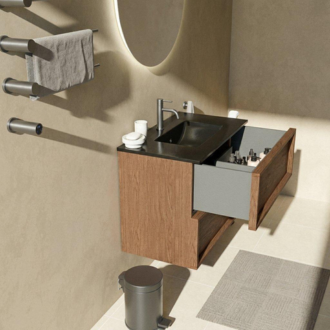 Saniclass Holz Frame Badkamermeubelset - 80x45x62cm - Vygo keramische wastafel zwart - 1 wasbak - 1 kraangat - 2 lades - mat walnut pure (hout) SW1580113
