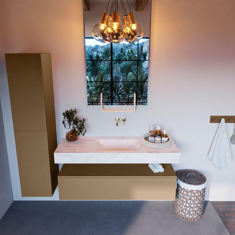 Mondiaz ALAN-DLUX Ensemble de meuble - 130cm - meuble - Oro mat - 1 tiroir - Lavabo Cloud Ostra suspendu - vasque Centre - 0 trous de robinet - Beige SW807773