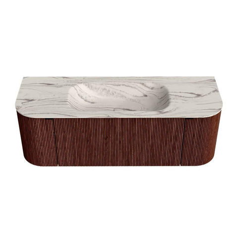 MONDIAZ KURVE-DLUX Meuble de salle de bains 130cm arrondi Gauche + Droite couleur Ruby avec 1 tiroir et 2 portes. Plan-vasque BIG SMALL Central sans trou de robinet Nata. SW1432546