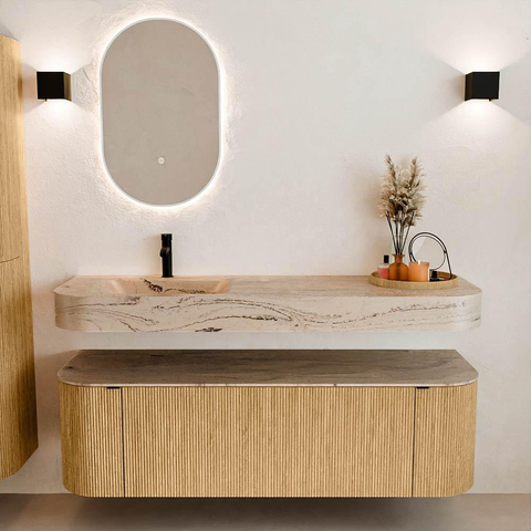 MONDIAZ THOR-DLUX 150cm badmeubel ronding links + rechts kleur Oak met 1 lade en 2 deuren. Vrijhangende wastafel CLOUD Links 1 kraangat kleur Arena. SW1464714