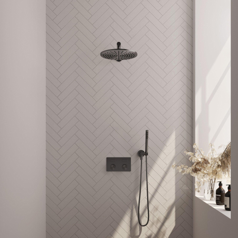 BRAUER gunmetal Carving Douche de pluie thermostatique encastrée - boutons-poussoirs - SET 50 - pomme de douche 30cm - bras mural droit - douchette barre - flexible de douche - coude de raccordement mural - gunmetal brossé PVD SW925690