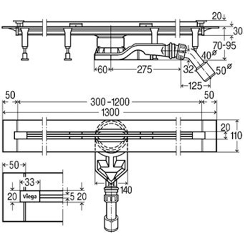 Viega Advantix vario caniveau de douche rénovation 30 120cm raccourcissable en continu GA37575