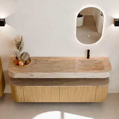 MONDIAZ THOR-DLUX 180cm meuble de salle de bains arrondi gauche + droite couleur Oak avec 2 tiroirs et 2 portes. Vasque suspendue CLOUD Droite 1 trou de robinet couleur Arena. SW1466125
