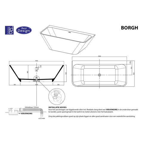 Best Design Borgh half vrijstaand bad 180x85x55cm solid surface mat wit SW438761