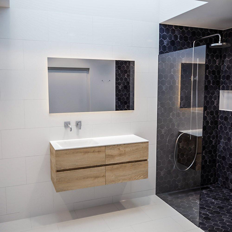 ENSEMBLE DE MEUBLE MONDIAZ VICA - 120 cm - 4 tiroirs - lavabo Cloud gauche - 0 trous de robinet - solid surface chêne blanchi SW409991