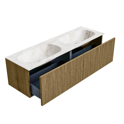 Mondiaz KURVE-DLUX Badkamermeubelset - 150x46x40cm - 2 lade - wastafel solid surface - dubbel - 2 kraangaten - Dusk SW1415037