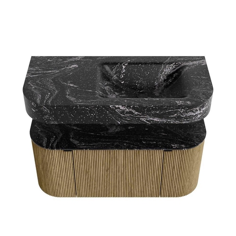 MONDIAZ THOR-DLUX 100cm meuble de salle de bains arrondi gauche + droite couleur Dusk avec 1 tiroir et 2 portes. Vasque suspendue CLOUD Droite 1 trou de robinet couleur Lava. SW1467346