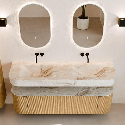 MONDIAZ THOR-DLUX 160cm badmeubel ronding links + rechts kleur Oak met 1 lade en 2 deuren. Vrijhangende wastafel CLOUD Dubbel zonder kraangat kleur Frappe. SW1412168