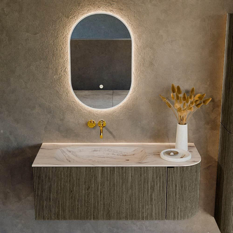MONDIAZ KURVE-DLUX Meuble de salle de bains 115cm arrondi à droite couleur Shadow avec 1 tiroir et 1 porte. Lavabo BIG SMALL à gauche sans trou de robinet Nata. SW1432283