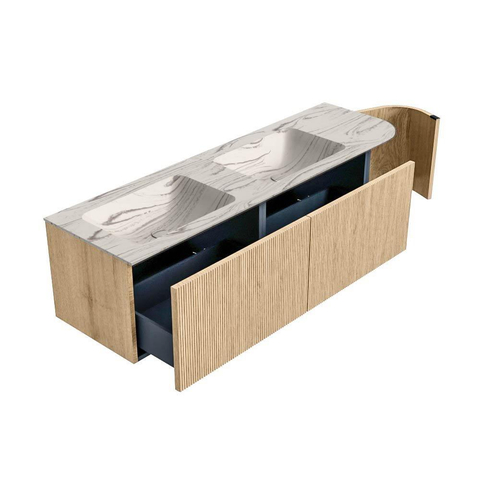 MONDIAZ KURVE-DLUX Meuble de salle de bains 155cm arrondi à droite couleur Chêne avec 2 tiroirs et 1 porte. Lavabo LEAF Double / Gauche sans trou de robinet Nata. SW1432132
