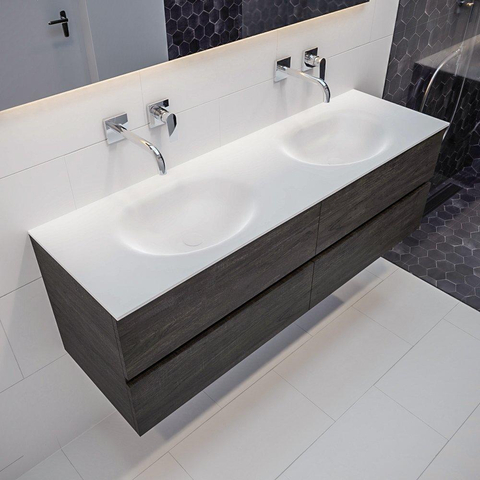 MONDIAZ VICA Ensemble de meuble salle de bain - 150cm - 4 tiroirs - lavabo Moon double - 0 trous de robinet - solid surface marron foncé SW409999
