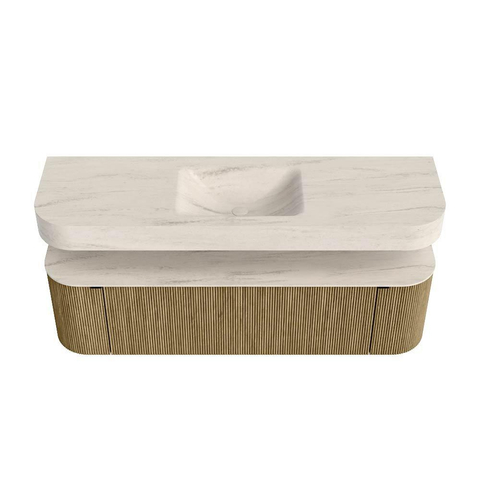 MONDIAZ THOR-DLUX 160cm meuble de salle de bains arrondi gauche + droite couleur Dusk avec 1 tiroir et 2 portes. Vasque suspendue CLOUD Centre sans trou de robinet couleur Meli. SW1465170