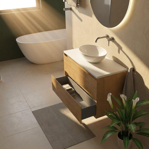 Saniclass Holz Pure Badkamermeubelset - 100x45x62.5cm - Torino solid surface topblad wit - zonder kraangat - 2 lades - mat eiken natural (hout) SW1478709