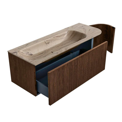 MONDIAZ KURVE-DLUX Meuble de salle de bains 125cm arrondi Droite couleur Walnut avec 1 tiroir et 1 porte. Lavabo BIG MEDIUM Gauche 1 trou de robinet Arena. SW1431231