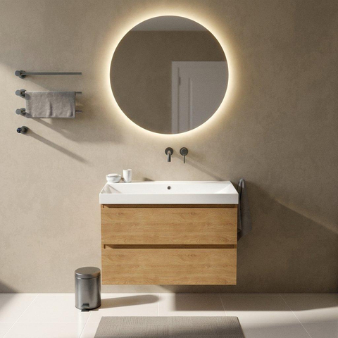 Saniclass Holz Pure Badkamermeubelset - 100x45x67.5cm - Wave keramische wastafel - 1 wasbak - zonder kraangat - 2 lades - mat eiken natural (hout) SW1479041