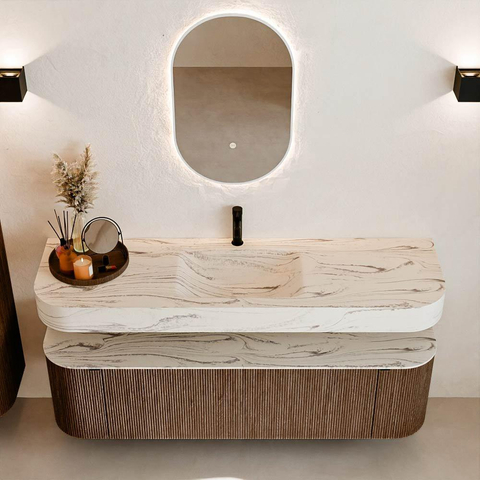 MONDIAZ THOR-DLUX 160cm meuble de salle de bains arrondi gauche + droite couleur Walnut avec 1 tiroir et 2 portes. Vasque suspendue CLOUD Milieu 1 trou de robinet couleur Nata. SW1465260