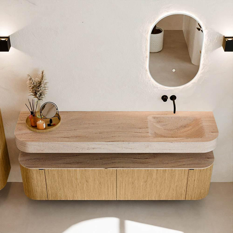 MONDIAZ THOR-DLUX 180cm badmeubel ronding links + rechts kleur Oak met 2 lades en 2 deuren. Vrijhangende wastafel CLOUD Rechts zonder kraangat kleur Saba. SW1466307