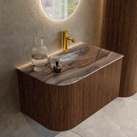 MONDIAZ KURVE-DLUX 75cm badmeubel ronding Links kleur Walnut met 1 lade en 1 deur. Wastafel GRUNNE Rechts 1 kraangat Sombra. SW1433631