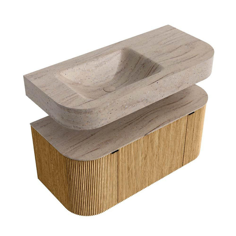 MONDIAZ THOR-DLUX 100cm badmeubel ronding links + rechts kleur Oak met 1 lade en 2 deuren. Vrijhangende wastafel CLOUD Links zonder kraangat kleur Saba. SW1467552