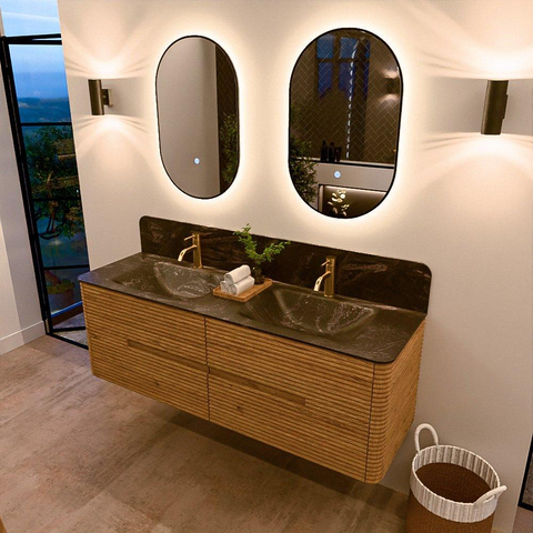 Mondiaz CIRO-DLUX Badkamermeubelset - 150x45x50cm - Solid surface wastafel Lava - 2 wasbak Dubbel - 2 kraangaten - 4 lades - Oak SW1530974