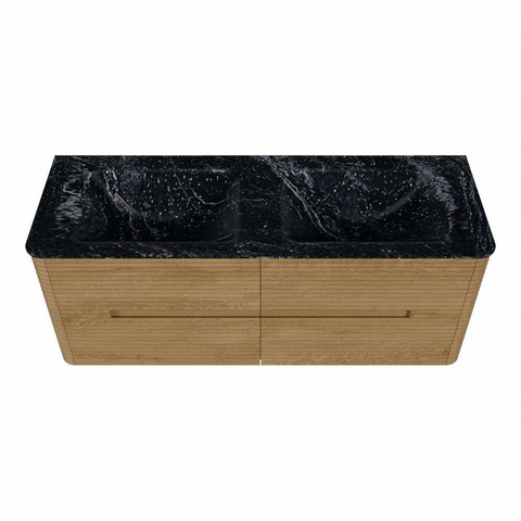 Mondiaz CIRO-DLUX Meuble de salle de bains - 130x45x50cm - Lavabo solid surface Lava - 2 vasques Double - 2 trous de robinet - 4 tiroirs - Chêne SW1531097