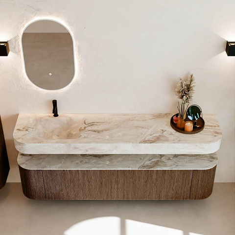 MONDIAZ THOR-DLUX 190cm meuble de salle de bains arrondi gauche + droite couleur Walnut avec 2 tiroirs et 2 portes. Vasque suspendue CLOUD Gauche 1 trou de robinet couleur Frappe. SW1466401