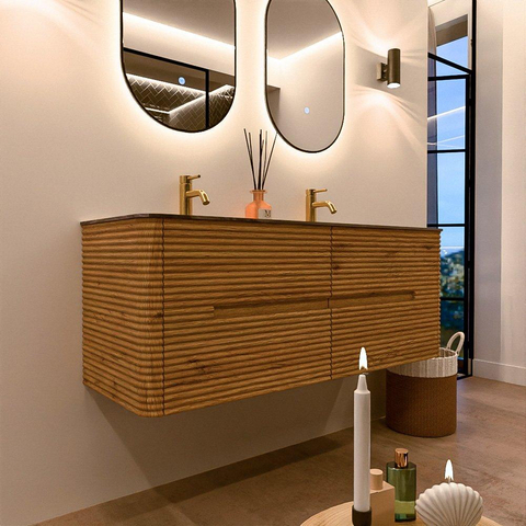 Mondiaz CIRO-DLUX Meuble de salle de bains - 130x45x50cm - Plan-vasque solid surface Sombra - 2 vasques double - 2 trous de robinet - 4 tiroirs - Chêne SW1531262